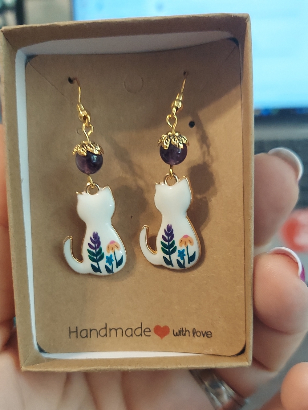 Handmade White Cat Floral Dangle Earrings
